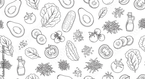 Seamless hand drawn vector pattern featuring fresh salad ingredients like avocado tomato cucumber lettuce spinach seeds and olive oil in minimalist.
