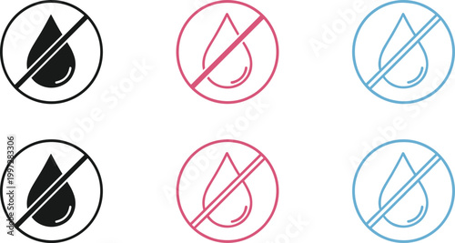 No Water Drop Prohibited Icon Set with Circle Slash Symbols in Multiple Colors Line and Solid Vector Illustration for Restrictions, Safety Signs, and UI Design