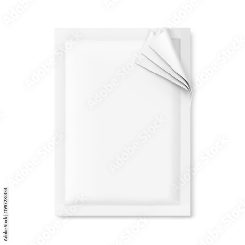 Four side seal sachet bag with tear notch mockup for example of a multilayer  packaging film structure. Half side view. Vector illustration isolated on white background. EPS10. 