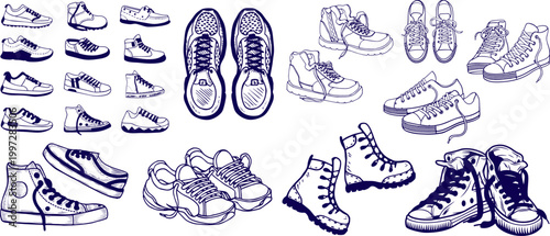 Simple Shoes Vector Collection, Various Footwear Line Art Including Sneakers and Boots Illustration