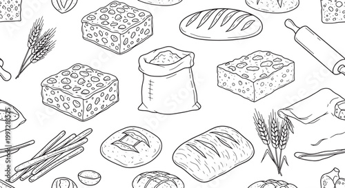 Seamless Vector Pattern of Hand Drawn Bakery Products Including Bread Loaves Flour Sacks Wheat Ears and Rolling Pin Sketch Illustration