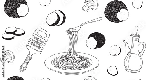 Hand drawn vector illustration of gourmet truffle pasta with ingredients like mushrooms olive oil and a grater in sketch style
