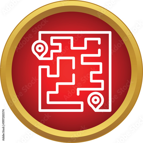 Maze map showing a planned route from a starting point to a destination pin