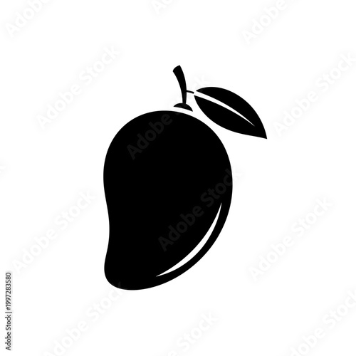 Black silhouette of a ripe mango fruit with a leaf and stem on white background.