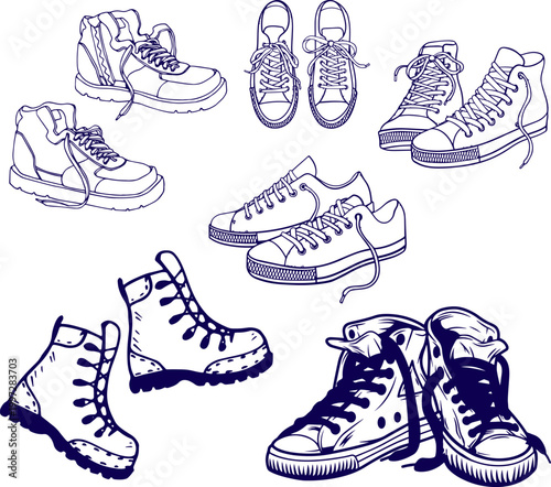 Hand Drawn Sneakers and Trainers Shoes Set, Casual Footwear Outline Vector Illustration Collection