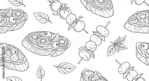 Hand drawn seamless pattern of bruschetta with tomatoes basil and mozzarella skewers in black and white vector sketch style
