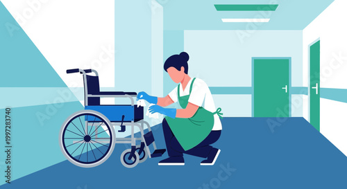 Healthcare worker cleaning a wheelchair in a hospital corridor, ensuring hygiene and patient safety.