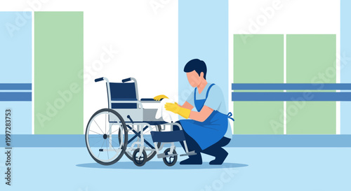 Healthcare worker cleaning a wheelchair in a hospital corridor