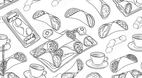Seamless vector pattern featuring hand-drawn Italian cannoli pastries with coffee cups and trays in a vintage black and white sketch style.