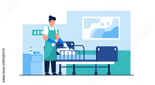 Healthcare worker cleaning hospital bed with disinfectant spray, hygiene concept