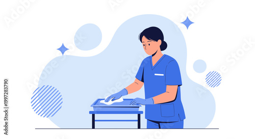 Healthcare worker cleaning medical equipment, hygiene and sterilization concept