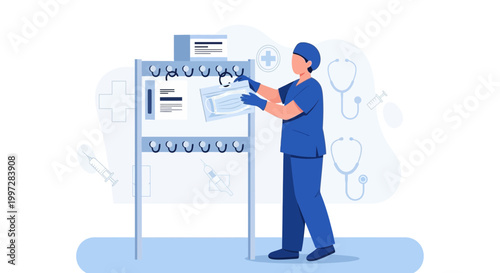 Healthcare worker in blue scrubs taking mask from rack, medical icons background