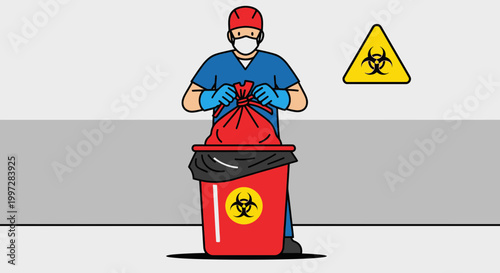 Healthcare worker in protective gear disposing of biohazard waste in a red bin
