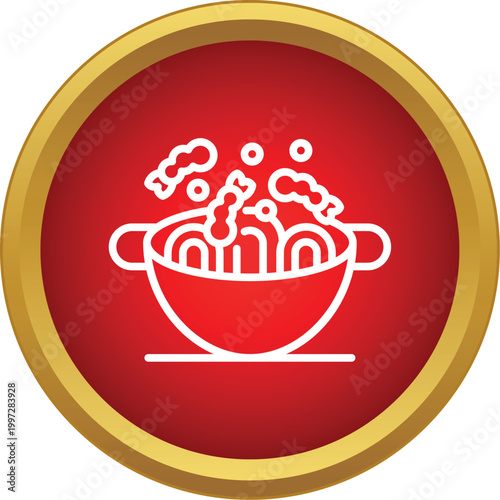 Red circular icon showing a simple line art pot with boiling ramen or noodles