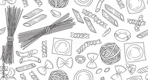 Seamless vector pattern of hand drawn Italian pasta varieties including spaghetti penne farfalle ravioli and fusilli in sketch line art