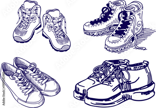 Casual Sneakers and Trainers Shoes Set, Hand Drawn Outline Footwear Vector Illustration Bundle