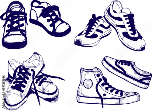 Hand Drawn Two Sneakers Pair, Casual Shoes Sketch Style Vector Illustration Isolated on White