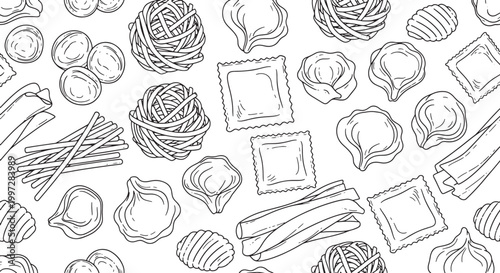 Seamless Vector Pattern of Hand Drawn Italian Pasta Varieties Including Ravioli Tortellini Tagliatelle and Penne Sketch Illustration for Culinary Background