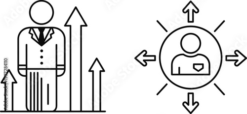 Business Growth and Employee Management Line Art Icon Set with Upward Arrows and User Network Symbol Vector Illustration for HR, Leadership, and Career Development