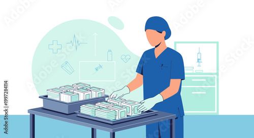 Healthcare worker organizing medical supplies, sterile packaging, hospital equipment, and healthcare icons.