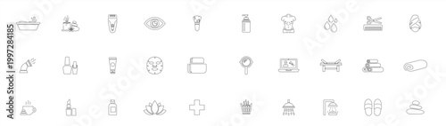 Set of 30 minimalist line icons for beauty, spa, and wellness. Includes skincare products, salon tools, and relaxation symbols for design projects.