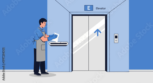 Janitor cleaning elevator buttons and doors with disinfectant wipe for hygiene and safety