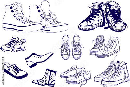 Hand Drawn Footwear Set, Men and Women Shoes Sketch with Sneakers and Boots Vector Illustration