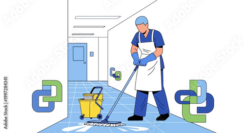 Janitor mopping a modern office hallway, cleaning supplies trolley, hygiene concept