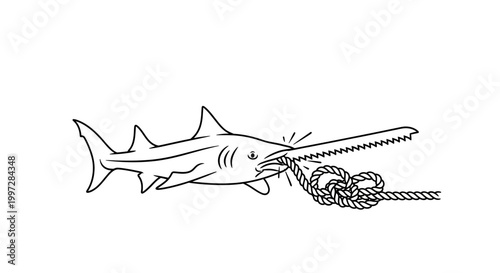 Sawfish with Rope - A Detailed Black and White Illustration.