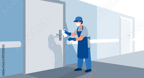 Janitor in mask and gloves disinfects door handle in hallway, hygiene concept