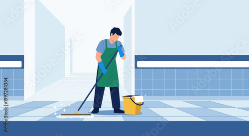 Janitor Mopping Floor in Corridor with Blue Tiles and Yellow Bucket