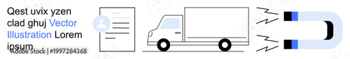 Logistics, digital processes, data transfer, customer acquisition, attraction, workflow optimization. A document, delivery truck and magnet with magnetic waves. Logistics and digital processes