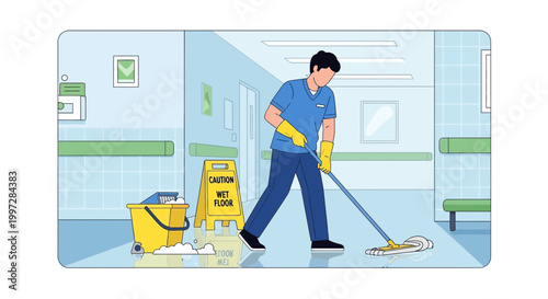 Janitor mopping hospital hallway floor with caution wet floor sign and cleaning supplies