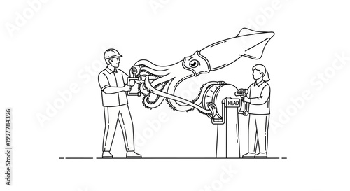 Scientists Examine Giant Squid Specimen in Laboratory for Research.
