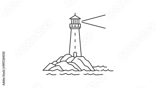 Minimalist Black Line Vector Icon of a Lighthouse on a Rocky Island with Light Beams and Ocean Waves, Clean Scalable SVG Illustration with Editable Stroke for Nautical and Maritime Design.