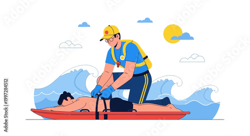 Lifeguard performing CPR on drowning victim on rescue board in ocean waves