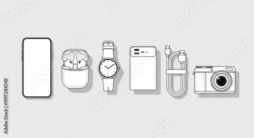 Collection of modern gadgets and accessories laid out flat.