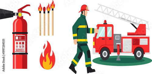 Fire Safety Equipment with Fire Extinguisher, Matches, and Firefighter in Uniform with Fire Truck for Emergency Response and Safety Illustrations