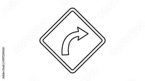 Free Download Minimalist Road Sign Arrow Vector Icon with Editable Stroke: A clean black line illustration of a diamond-shaped traffic sign showing a curved right turn, perfect for UI design and navigation. - GFXLoad