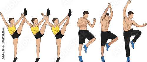Fitness Workout and Dance Exercise Collection with Male and Female Athletes Performing High Kicks Jumps and Training Moves Vector Illustration Set