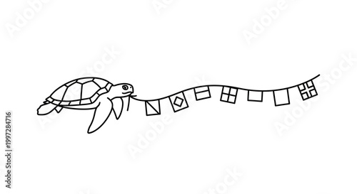 Sea Turtle Swimming with Nautical Flags in Black and White.