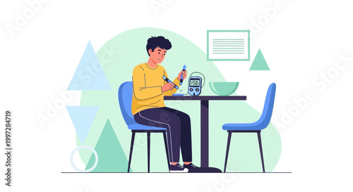 Man checking blood sugar level with glucose meter at table, diabetes care