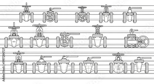 Collection of Industrial Valves on Horizontal Pipes.