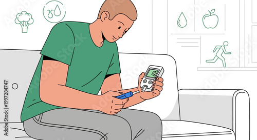 Man checking blood sugar level with glucose meter, healthy lifestyle icons