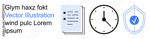Time management, cybersecurity, digital protection, task organization, data safety, productivity. Clock, documents a shield with a checkmark. Focus on cybersecurity and time management concepts