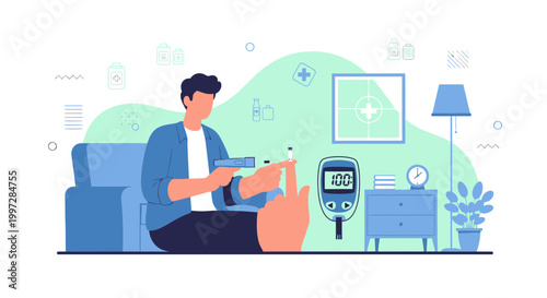 Man checking blood sugar with glucose meter, diabetes care at home, health monitoring concept