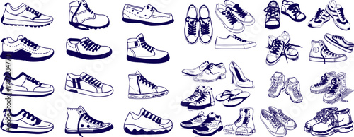 Different Shoes Sketch Collection, Hand Drawn Men and Women Footwear Vector Illustration Set