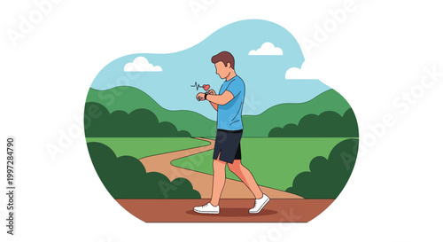 Man checking fitness tracker during outdoor walk in scenic landscape