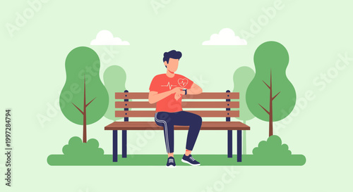 Man checking heart rate on smartwatch while resting on park bench after workout
