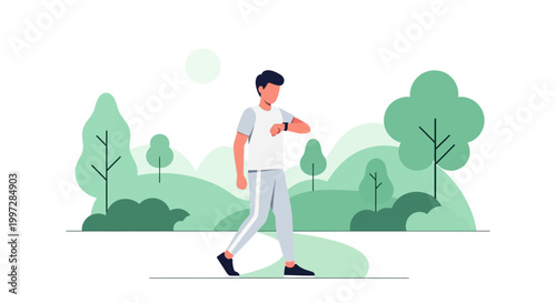 Man checking smartwatch while walking in a green park, healthy lifestyle concept